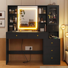 Martin Modern Vanity Desk with LED Mirror Ample Storage Shelves Glass Cabinet and Drawers