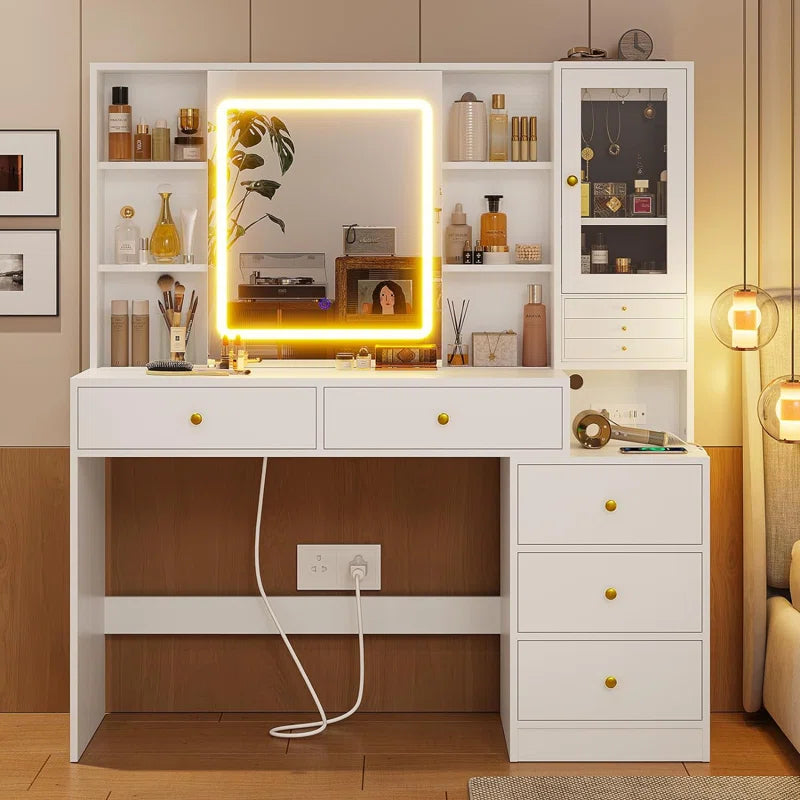 Martin Modern Vanity Desk with LED Mirror Ample Storage Shelves Glass Cabinet and Drawers