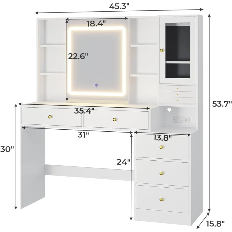 Martin Modern Vanity Desk with LED Mirror Ample Storage Shelves Glass Cabinet and Drawers