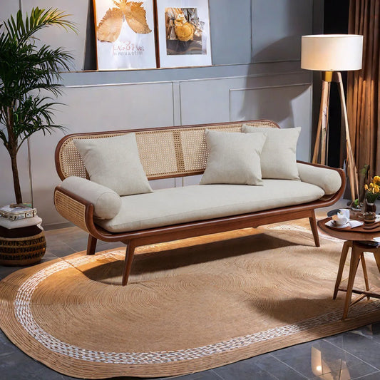 Natural Rattan & Wood Sofa – Modern 3-Seater with Artistic Craftsmanship