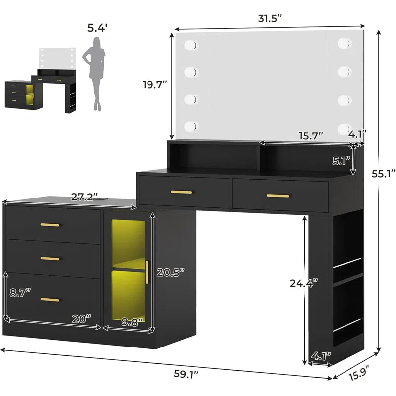 Larturn Vanity Makeup Vanity Table with 3 Drawers LED Dresser