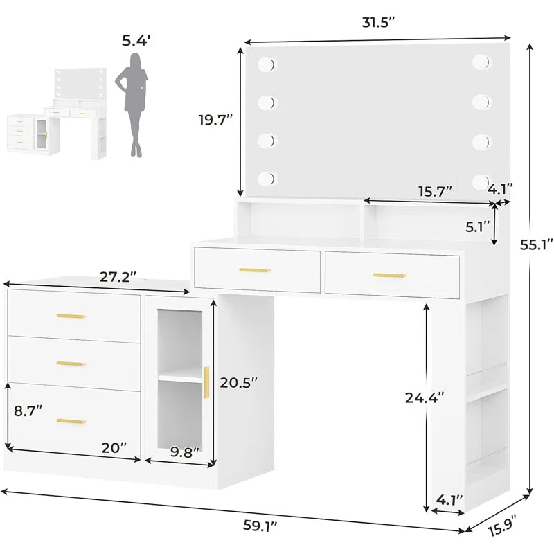 Larturn Vanity Makeup Vanity Table with 3 Drawers LED Dresser