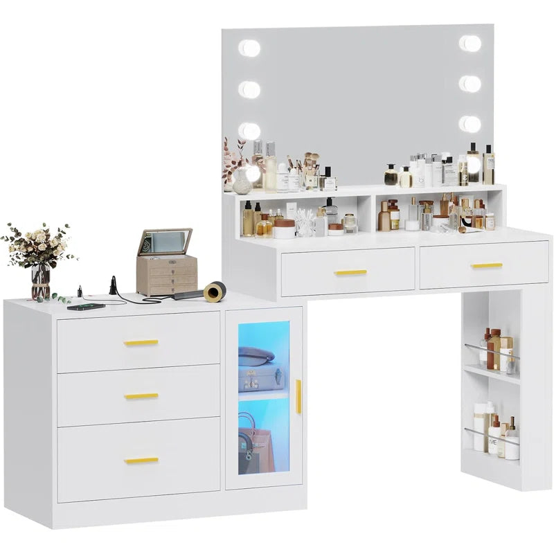 Larturn Vanity Makeup Vanity Table with 3 Drawers LED Dresser