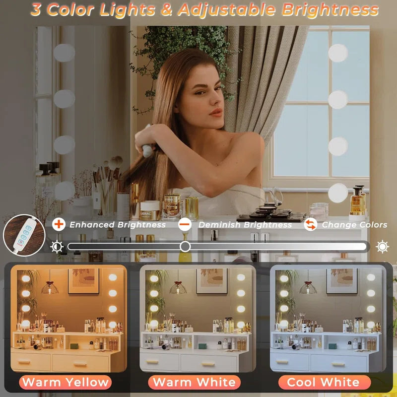 Larturn Vanity Makeup Vanity Table with 3 Drawers LED Dresser