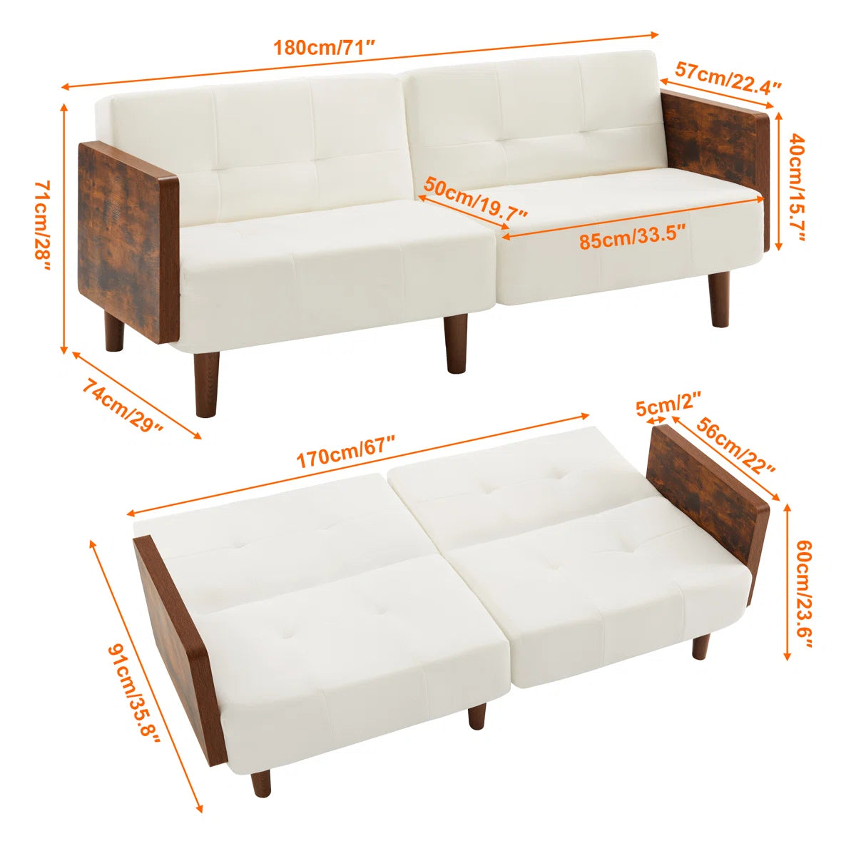 Cotton Fabric Cushion Back Upholstered Arm Sleeper Sofa