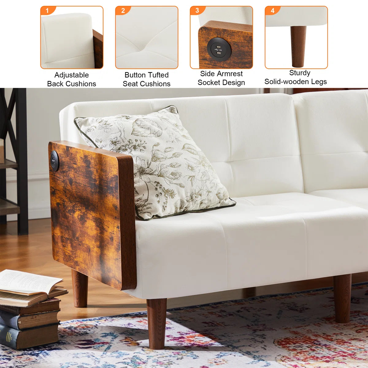 Cotton Fabric Cushion Back Upholstered Arm Sleeper Sofa