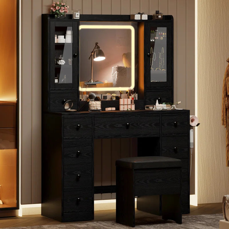 Salonty Vanity Desk with LED Lights Mirror and Charging Station With Stool