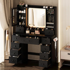 Salonty Vanity Desk with LED Lights Mirror and Charging Station With Stool