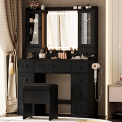 Salonty Vanity Desk with LED Lights Mirror and Charging Station With Stool