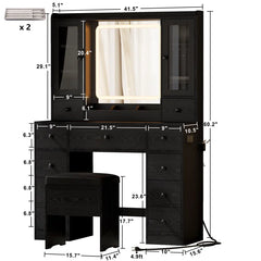 Salonty Vanity Desk with LED Lights Mirror and Charging Station With Stool