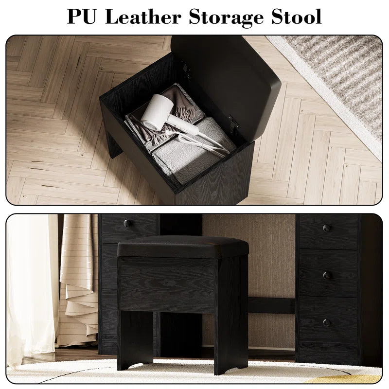 Salonty Vanity Desk with LED Lights Mirror and Charging Station With Stool