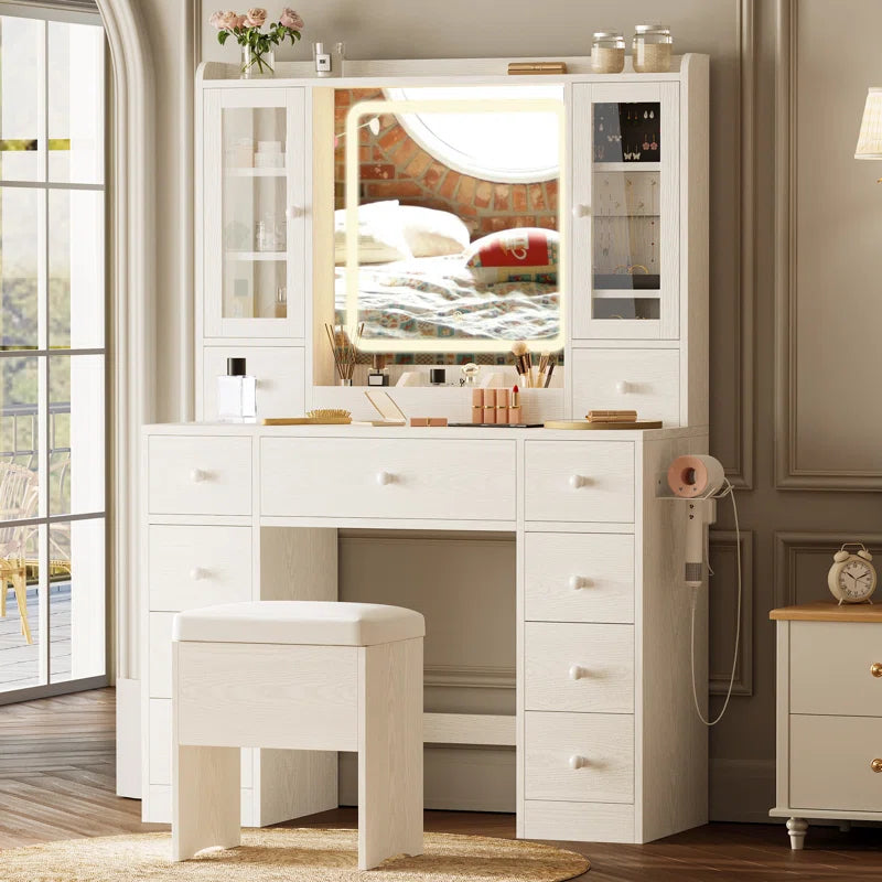 Salonty Vanity Desk with LED Lights Mirror and Charging Station With Stool