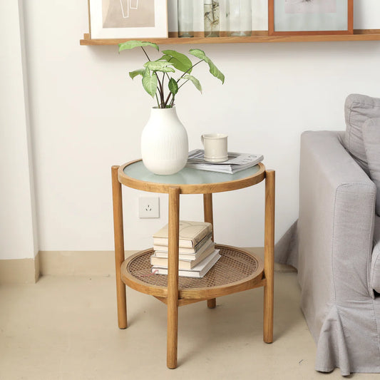 Glass Rattan Wood Round Storage Side End Table