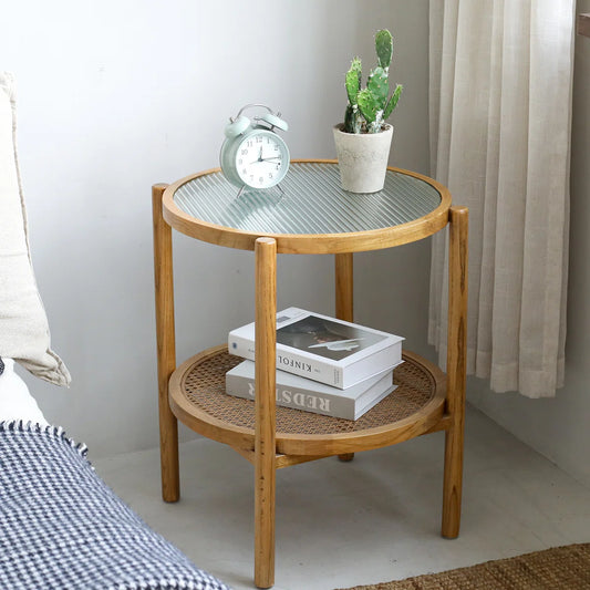 Glass Rattan Wood Round Storage Side End Table