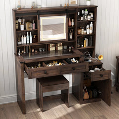 Megan Modern Vanity Set with Glass-Top Display Built-In Charging Station and Sliding LED Mirror