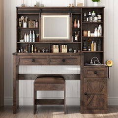 Megan Modern Vanity Set with Glass-Top Display Built-In Charging Station and Sliding LED Mirror