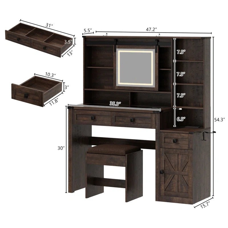 Megan Modern Vanity Set with Glass-Top Display Built-In Charging Station and Sliding LED Mirror