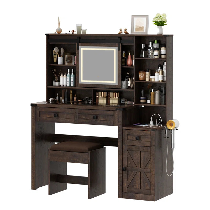 Megan Modern Vanity Set with Glass-Top Display Built-In Charging Station and Sliding LED Mirror