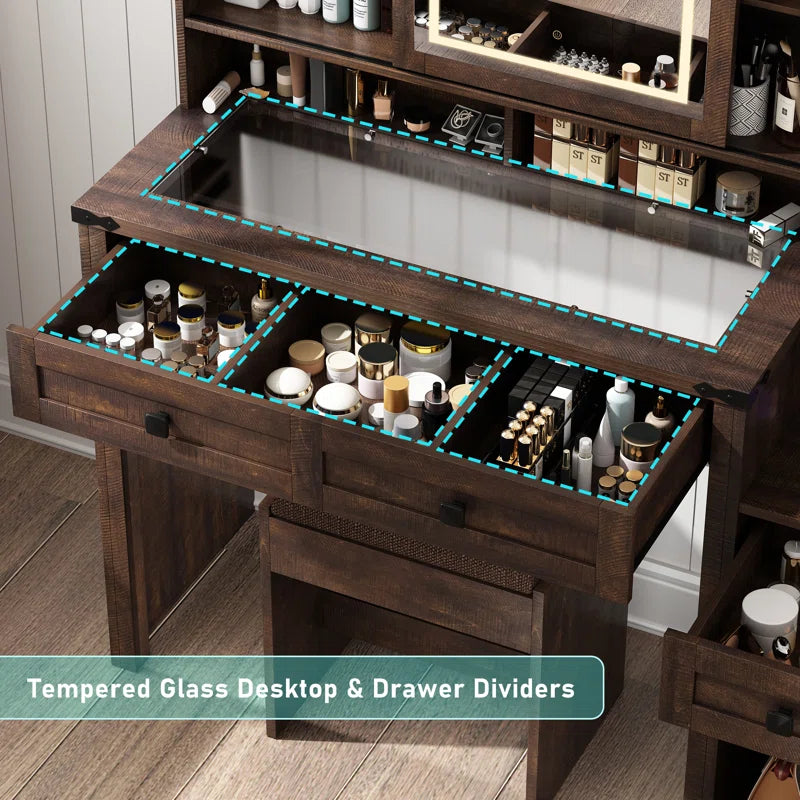 Megan Modern Vanity Set with Glass-Top Display Built-In Charging Station and Sliding LED Mirror