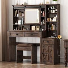 Megan Modern Vanity Set with Glass-Top Display Built-In Charging Station and Sliding LED Mirror