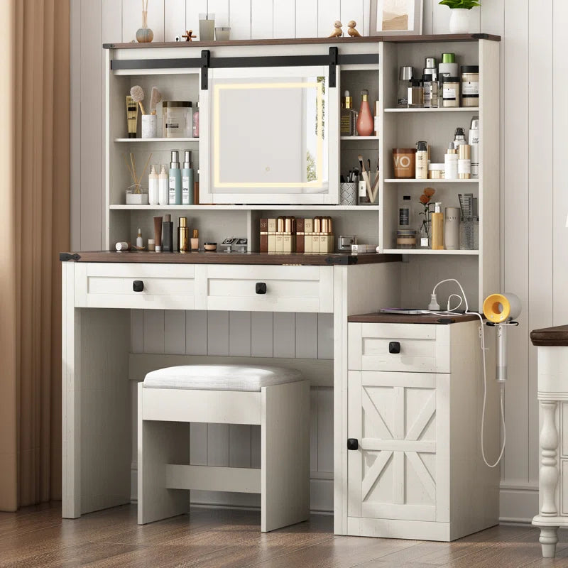 Megan Modern Vanity Set with Glass-Top Display Built-In Charging Station and Sliding LED Mirror