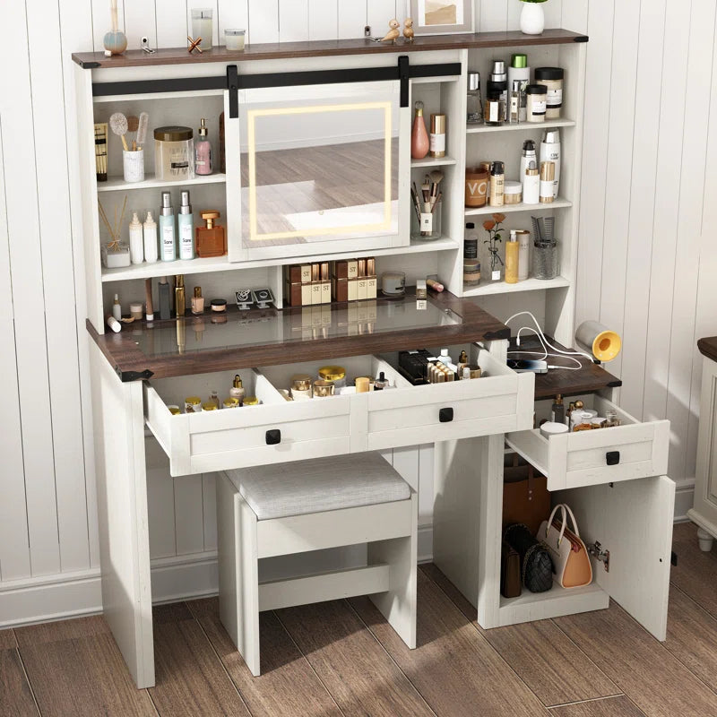 Megan Modern Vanity Set with Glass-Top Display Built-In Charging Station and Sliding LED Mirror
