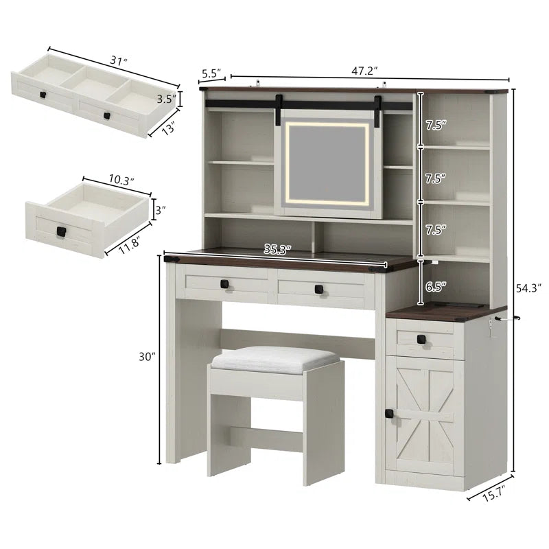 Megan Modern Vanity Set with Glass-Top Display Built-In Charging Station and Sliding LED Mirror
