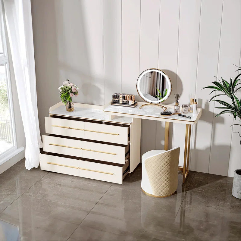 Wang Vanity Dressing Table Set in 6 Drawers With Stool - Wooden Bazar