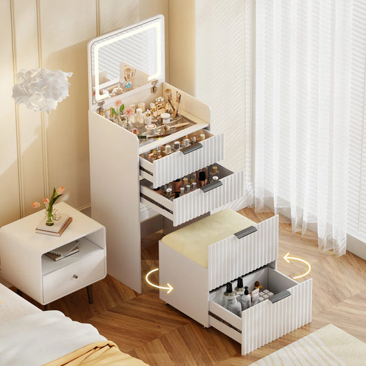 Compact LED Vanity Desk with Flip Mirror & Hidden Storage