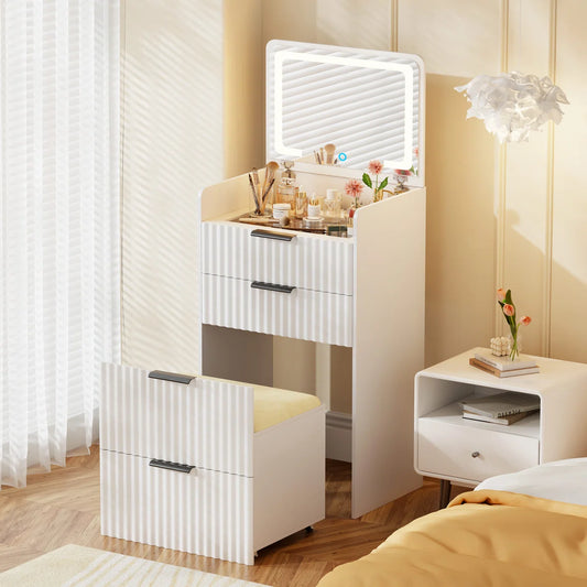 Compact LED Vanity Desk with Flip Mirror & Hidden Storage