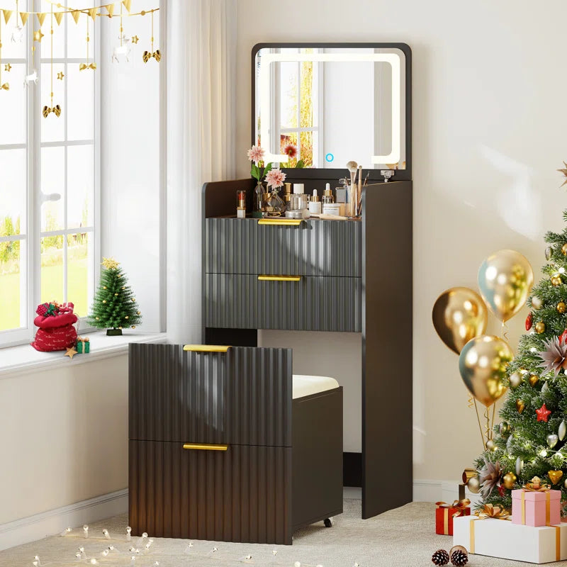 Yerry Vanity Desk With Flip-up Led Mirror, Glass Drawer, And Hidden Stool Storage