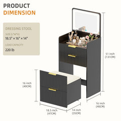 Yerry Vanity Desk With Flip-up Led Mirror, Glass Drawer, And Hidden Stool Storage