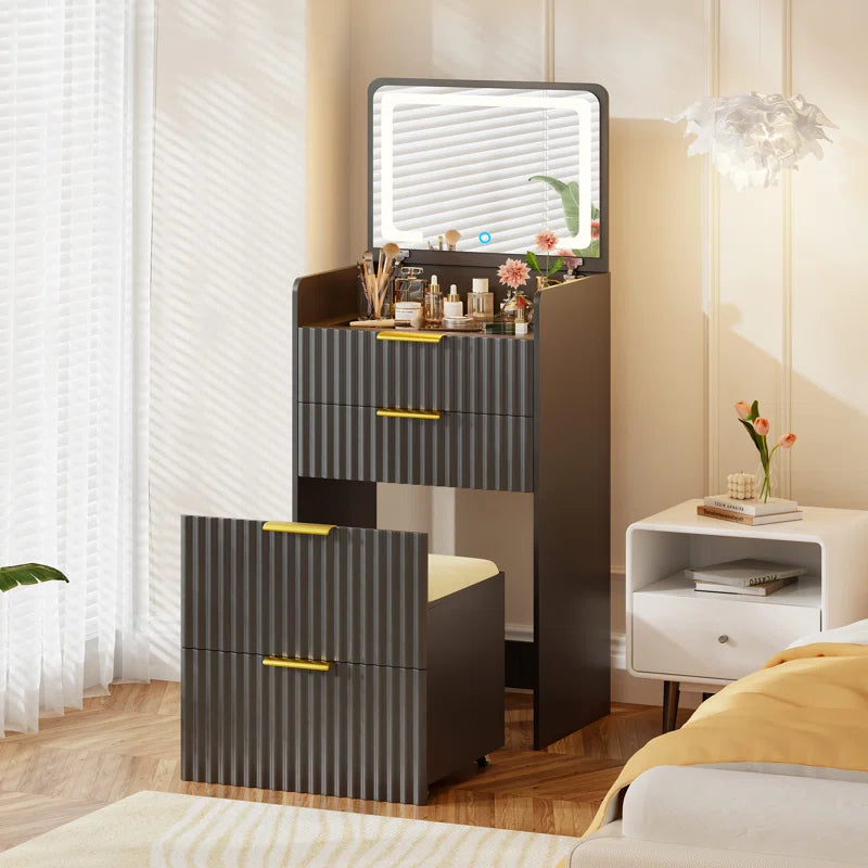 Yerry Vanity Desk With Flip-up Led Mirror, Glass Drawer, And Hidden Stool Storage