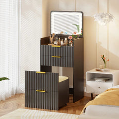 Yerry Vanity Desk With Flip-up Led Mirror, Glass Drawer, And Hidden Stool Storage