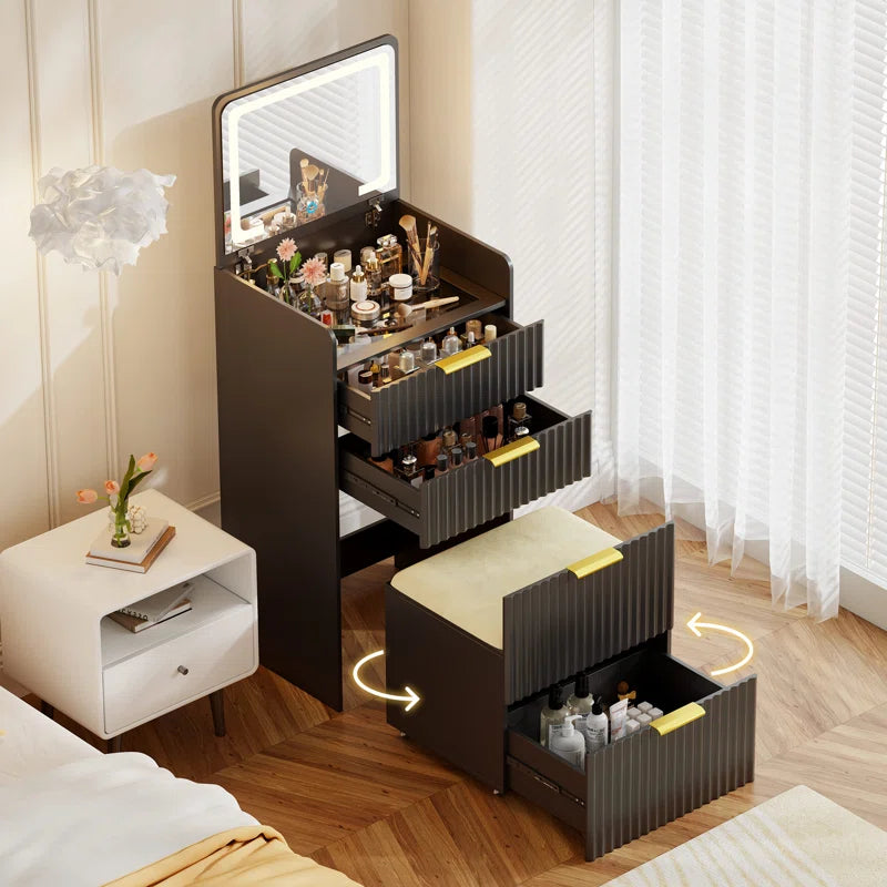 Yerry Vanity Desk With Flip-up Led Mirror, Glass Drawer, And Hidden Stool Storage