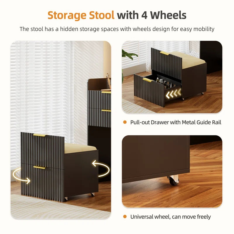 Yerry Vanity Desk With Flip-up Led Mirror, Glass Drawer, And Hidden Stool Storage
