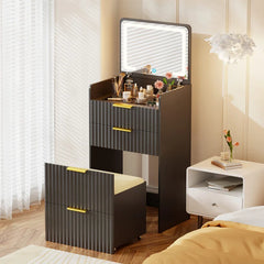 Yerry Vanity Desk With Flip-up Led Mirror, Glass Drawer, And Hidden Stool Storage