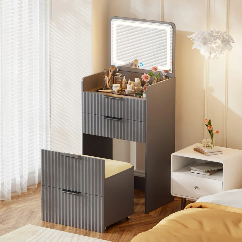 Yerry Vanity Desk With Flip-up Led Mirror, Glass Drawer, And Hidden Stool Storage