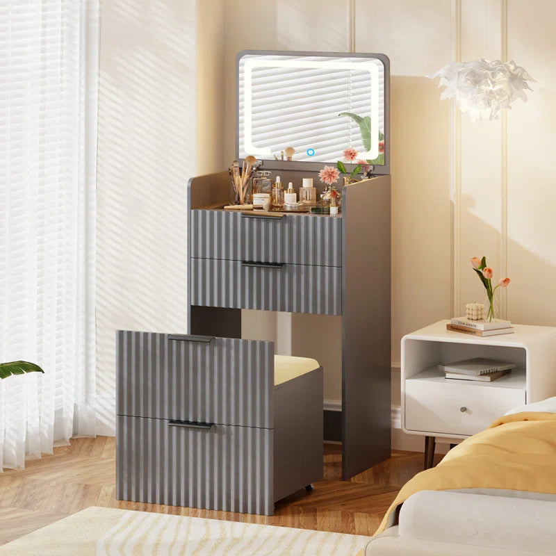 Yerry Vanity Desk With Flip-up Led Mirror, Glass Drawer, And Hidden Stool Storage