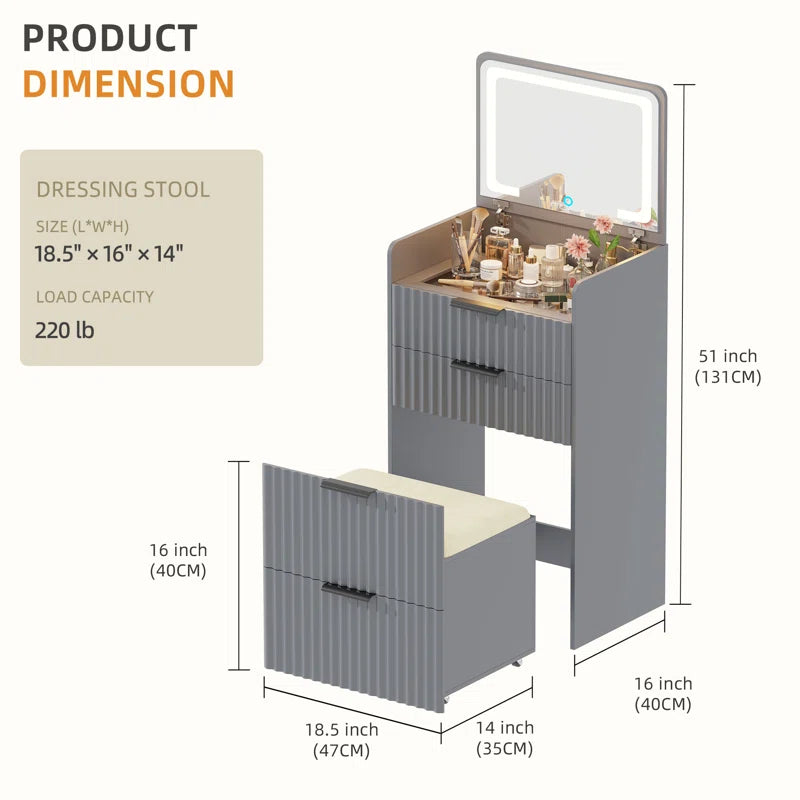 Yerry Vanity Desk With Flip-up Led Mirror, Glass Drawer, And Hidden Stool Storage