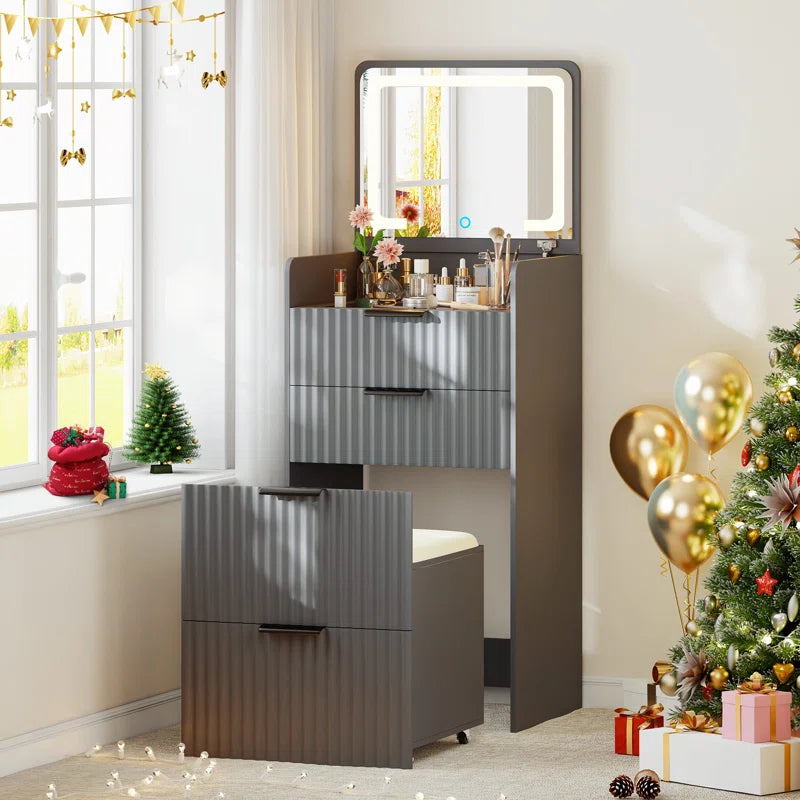Yerry Vanity Desk With Flip-up Led Mirror, Glass Drawer, And Hidden Stool Storage