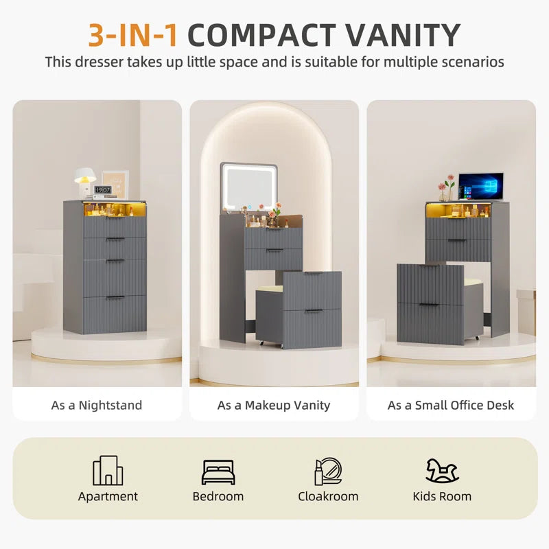 Yerry Vanity Desk With Flip-up Led Mirror, Glass Drawer, And Hidden Stool Storage