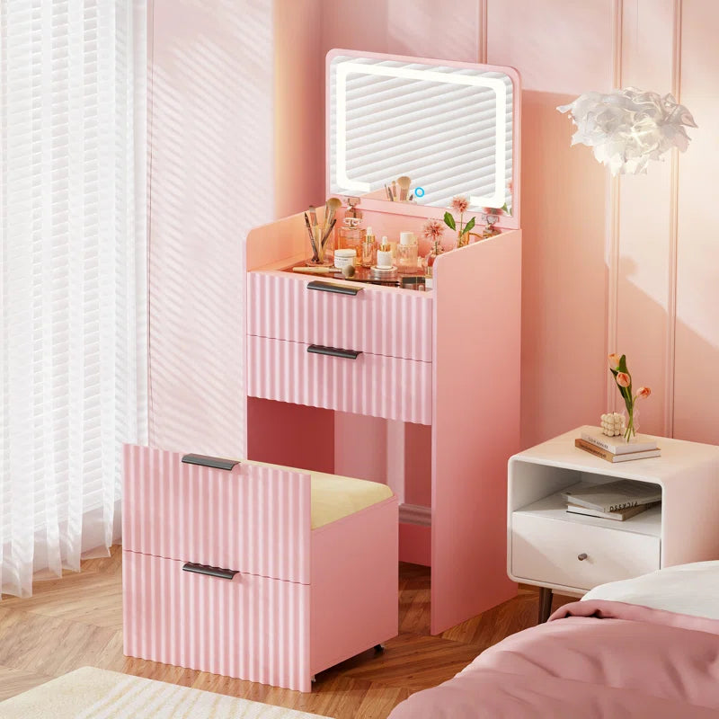 Yerry Vanity Desk With Flip-up Led Mirror, Glass Drawer, And Hidden Stool Storage