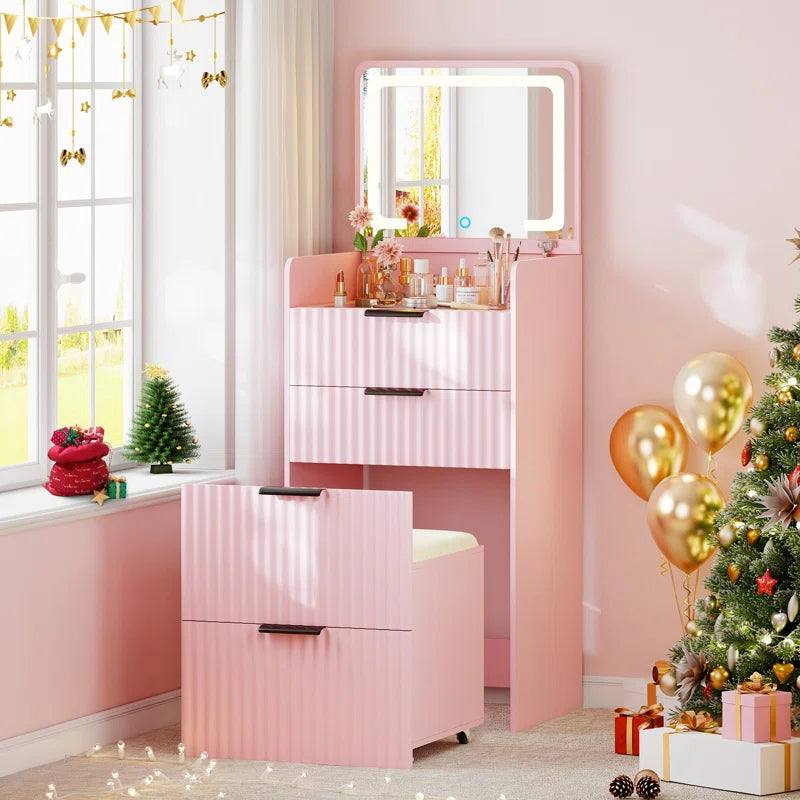 Yerry Vanity Desk With Flip-up Led Mirror, Glass Drawer, And Hidden Stool Storage