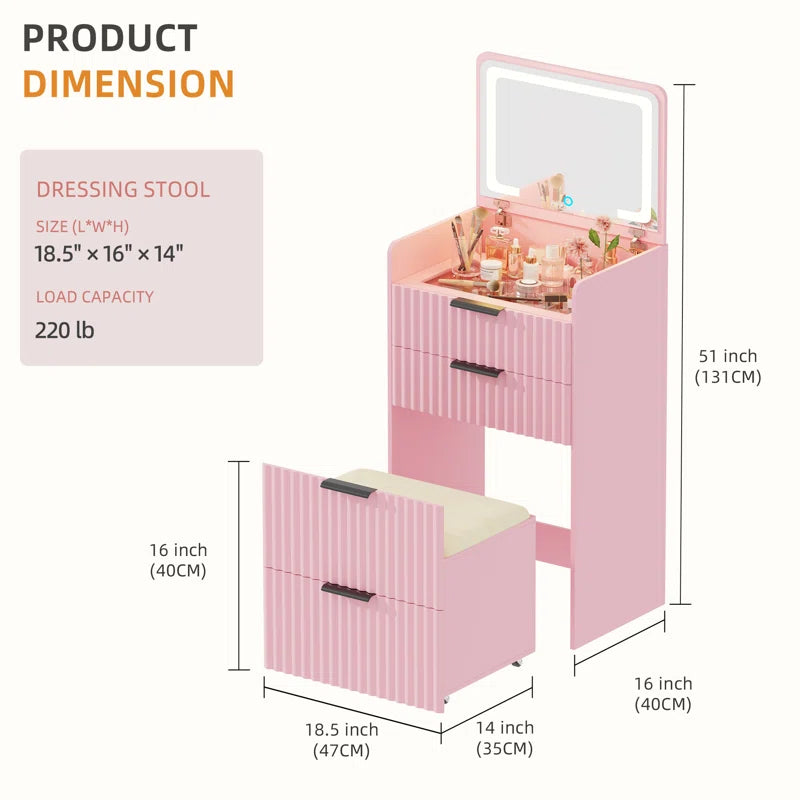 Yerry Vanity Desk With Flip-up Led Mirror, Glass Drawer, And Hidden Stool Storage