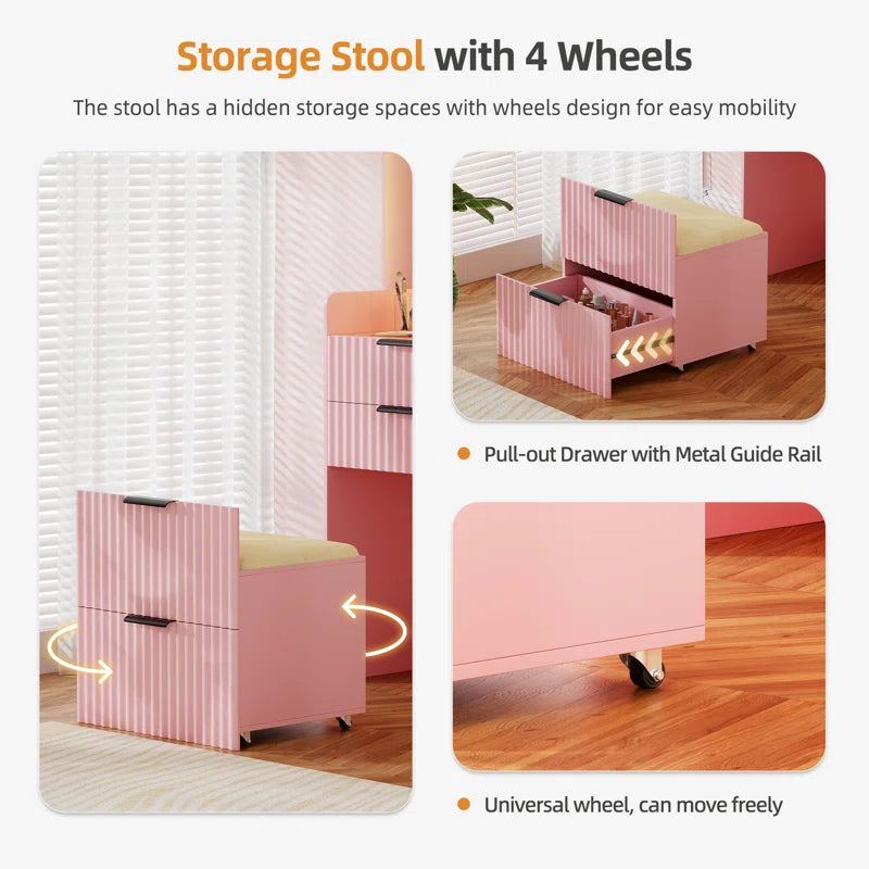 Yerry Vanity Desk With Flip-up Led Mirror, Glass Drawer, And Hidden Stool Storage