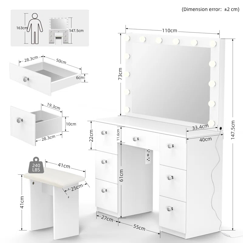 Katpick Makeup Vanity with Lights 7 Large Drawers and Outlets
