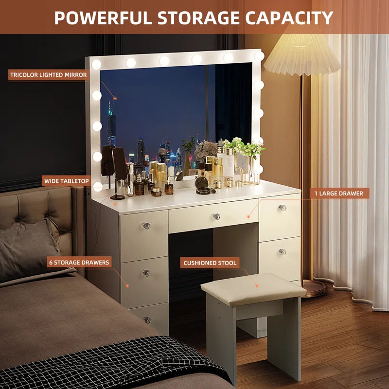 Katpick Makeup Vanity with Lights 7 Large Drawers and Outlets