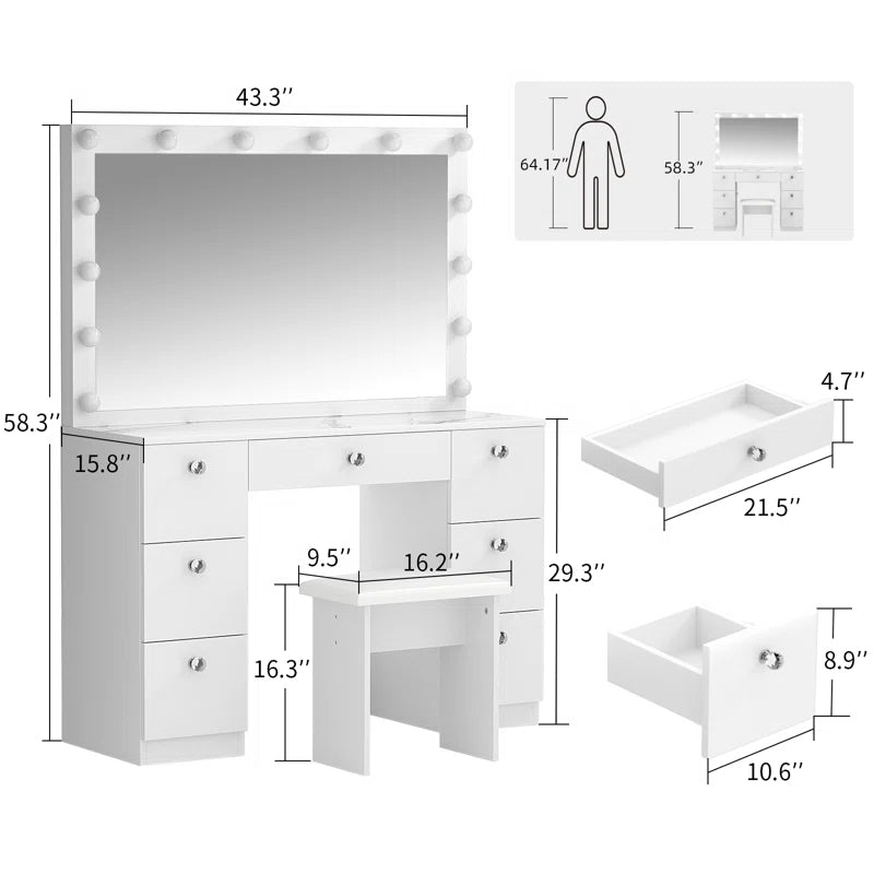 Katpick Makeup Vanity with Lights 7 Large Drawers and Outlets
