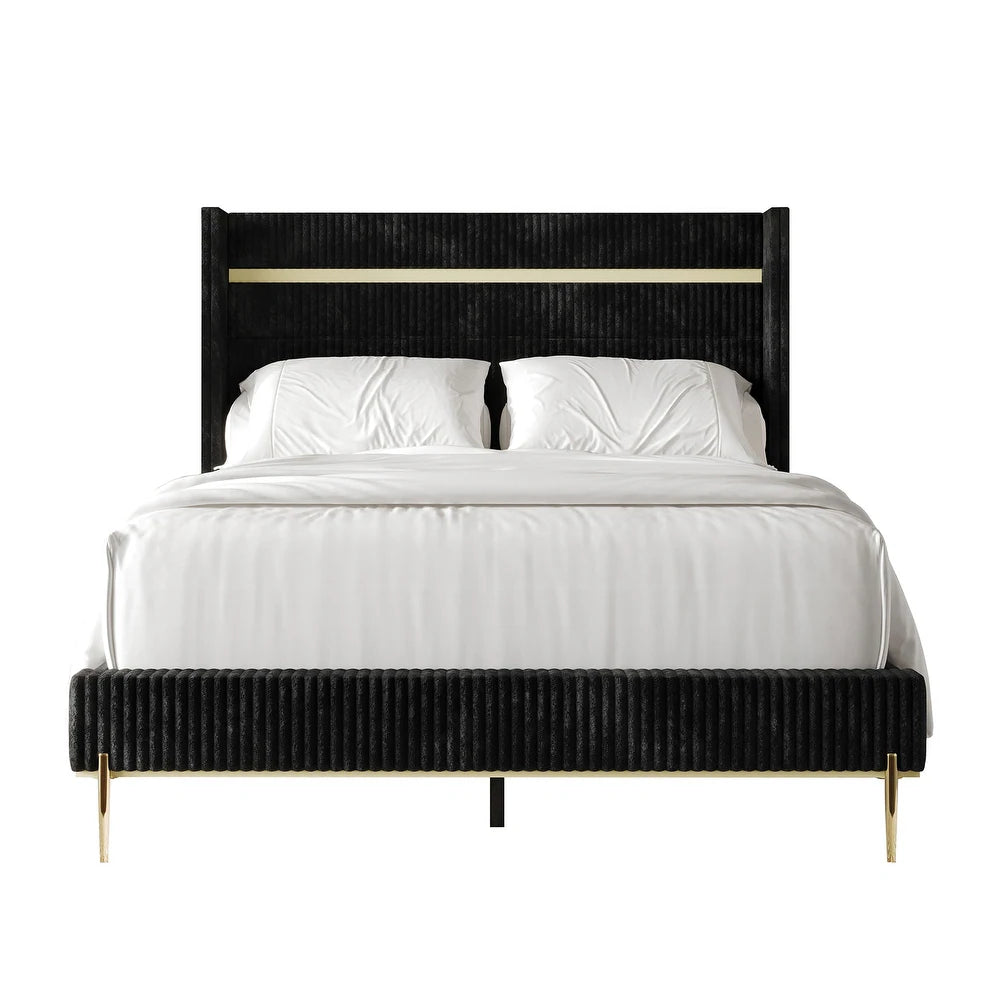 CraftPorch Corduroy Luxurious Gold PU Strip Wingback Velvet Upholstered Bed